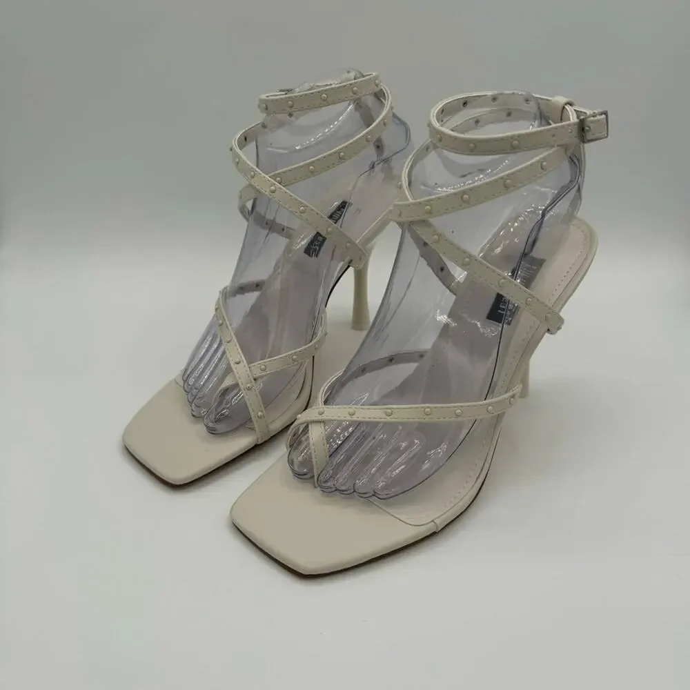 Nine West 8.5 Lady 3 Strappy Ankle Wrap Studded Thong Heel Sandals NIB